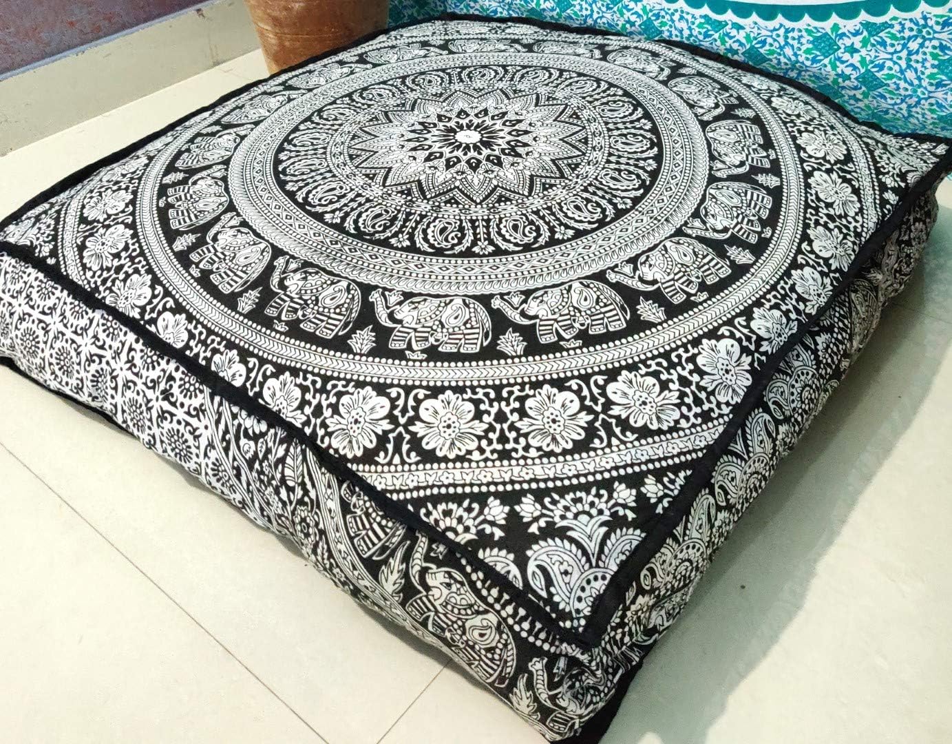 24 Black White Elephant Flower Mandala Mandala Barmeri Large Floor Pillow Cover Cushion Meditation Seating Ottoman