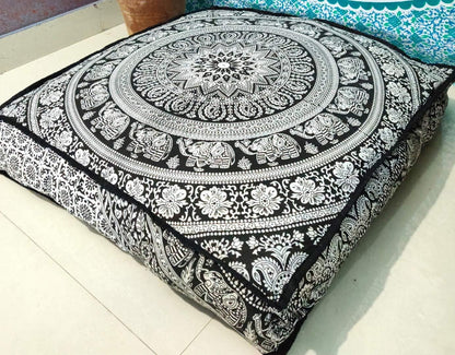 24 Black White Elephant Flower Mandala Mandala Barmeri Large Floor Pillow Cover Cushion Meditation Seating Ottoman
