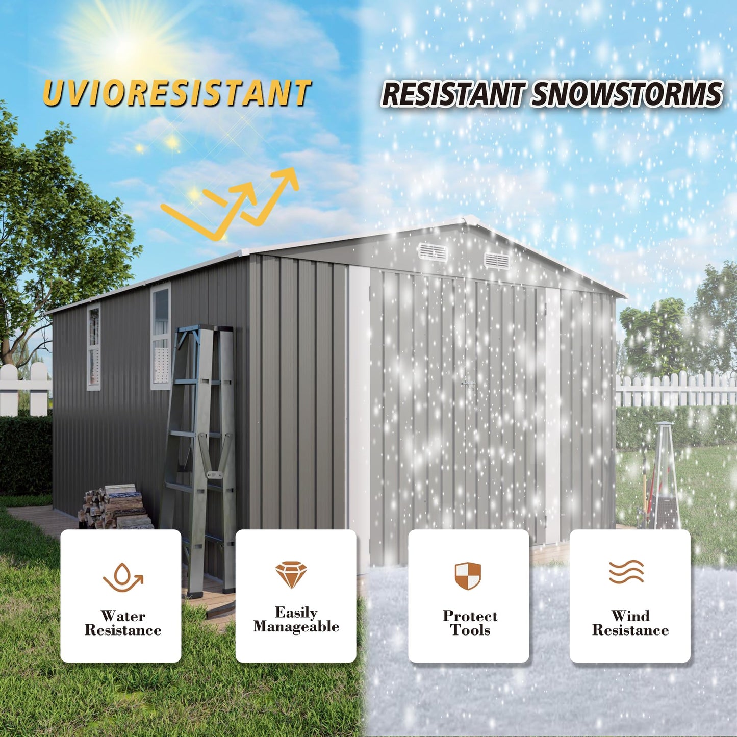 Vigo huseeo 10x12x6.7FT Outdoor Storage Shed, Galvanized Steel Garden Shed with Lockable Door & Window, Waterproof Metal Tool Storage for Garden, Backyard, Patio, Lawn