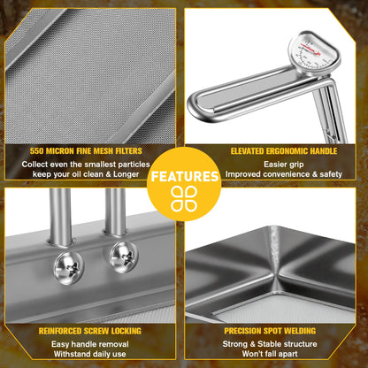 AF45 Commercial Deep Fryer Filter Strainer, 13.75" x 13.75", 304 Stainless Steel, Capture Grease & Debris Above 550 Microns, Extend Oil Life by 40%, Ideal for Commercial Kitchens & Restaurants