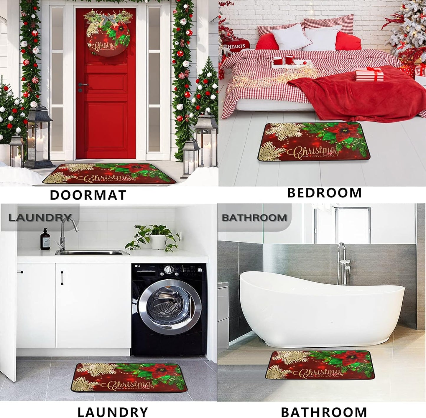 Christmas Kitchen Rugs Red Poinsettia Flower Non Slip Soft Mats, Anti Fatigue Bath Rug Runner Doormats for Home Decor