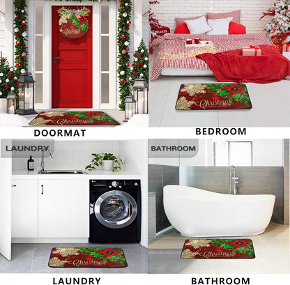 Christmas Kitchen Rugs Red Poinsettia Flower Non Slip Soft Mats, Anti Fatigue Bath Rug Runner Doormats for Home Decor
