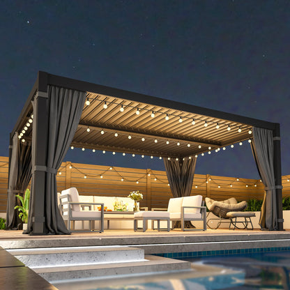12' x 16' Louvered Pergola, Metal Outdoor Pergola with Adjustable Louvered Roof, Curtains & Netting, Gutter System, Hardtop Patio Gazebo for Patio, Deck, Garden, Yard, Dark Gray