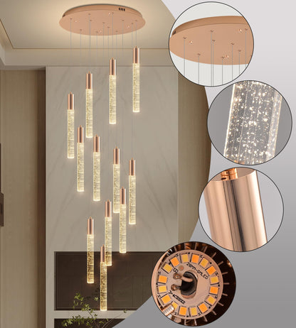 Upfelw Modern High Ceiling Crystal Chandelier 12-Lights, Large Spiral LED Raindrop Foyer Pendant Lighting, Bubble Staircase Living Room Hanging Light Fixture Flush Mount Gold