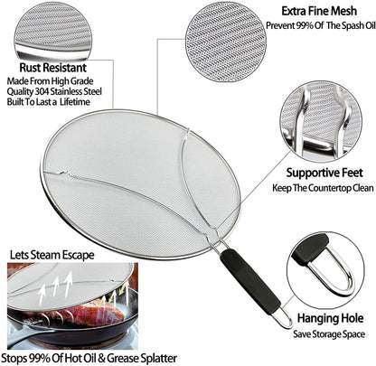 Large Splatter Screen for Frying Pan, 15 Inch Stainless Steel Grease Splatter Guard, Mesh Frying Screen Keeps Kitchen Clean and Protects Skin From Burns
