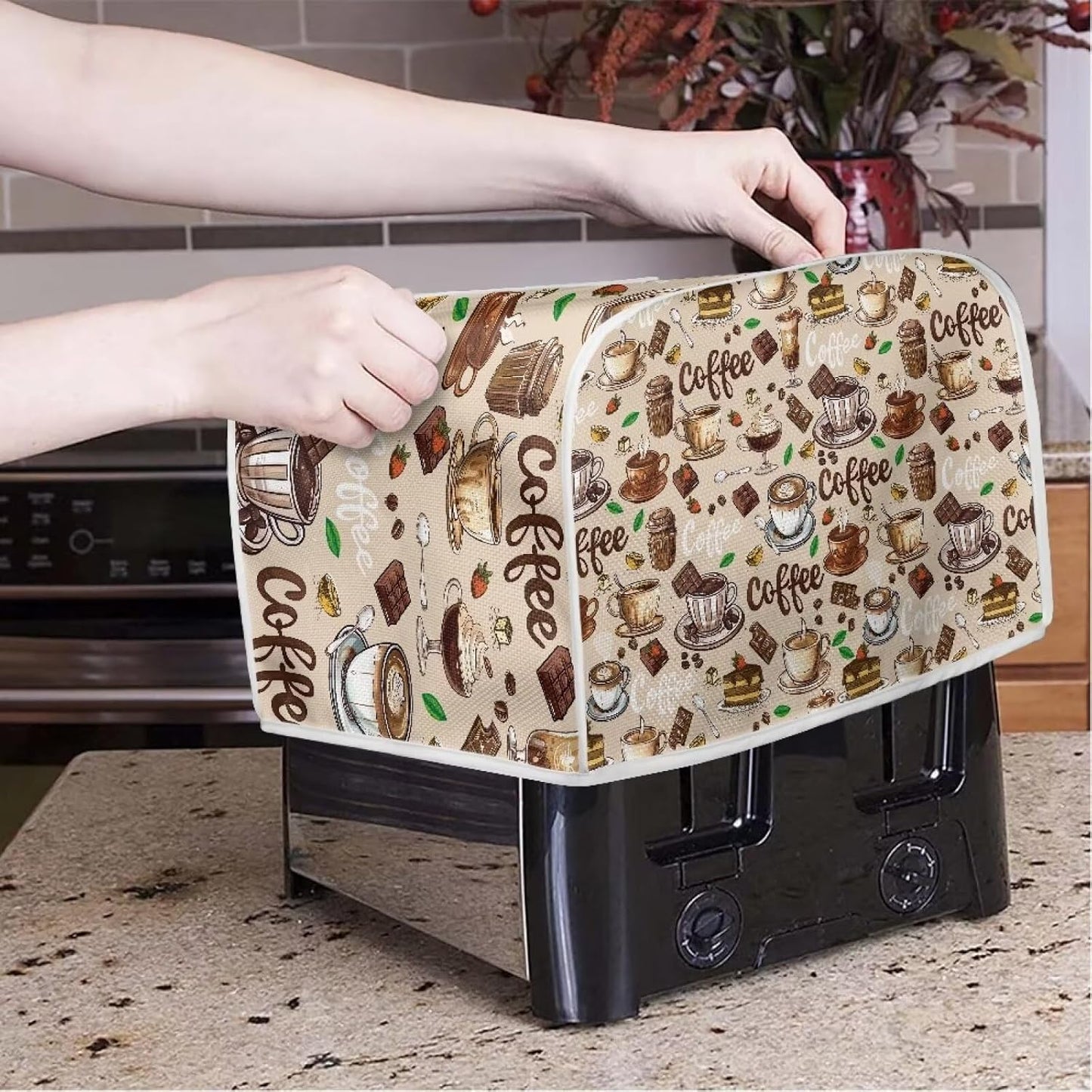 Coffee Cup Patterns 2 Slice Toaster Cover, Wide Slot Dust Cover Universal for Most Microwave Toaster Oven