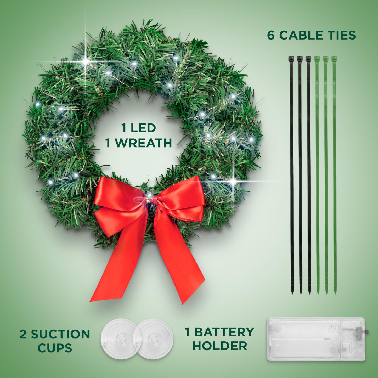 Carbella Christmas Wreath for Car Truck SUV Van, LED Light Up with Red Bow Decoration Ornament Mount Xmas Artificial Pine Water-Proof Winter Holiday Wreath Mounting Hardware Included (11" x 11")