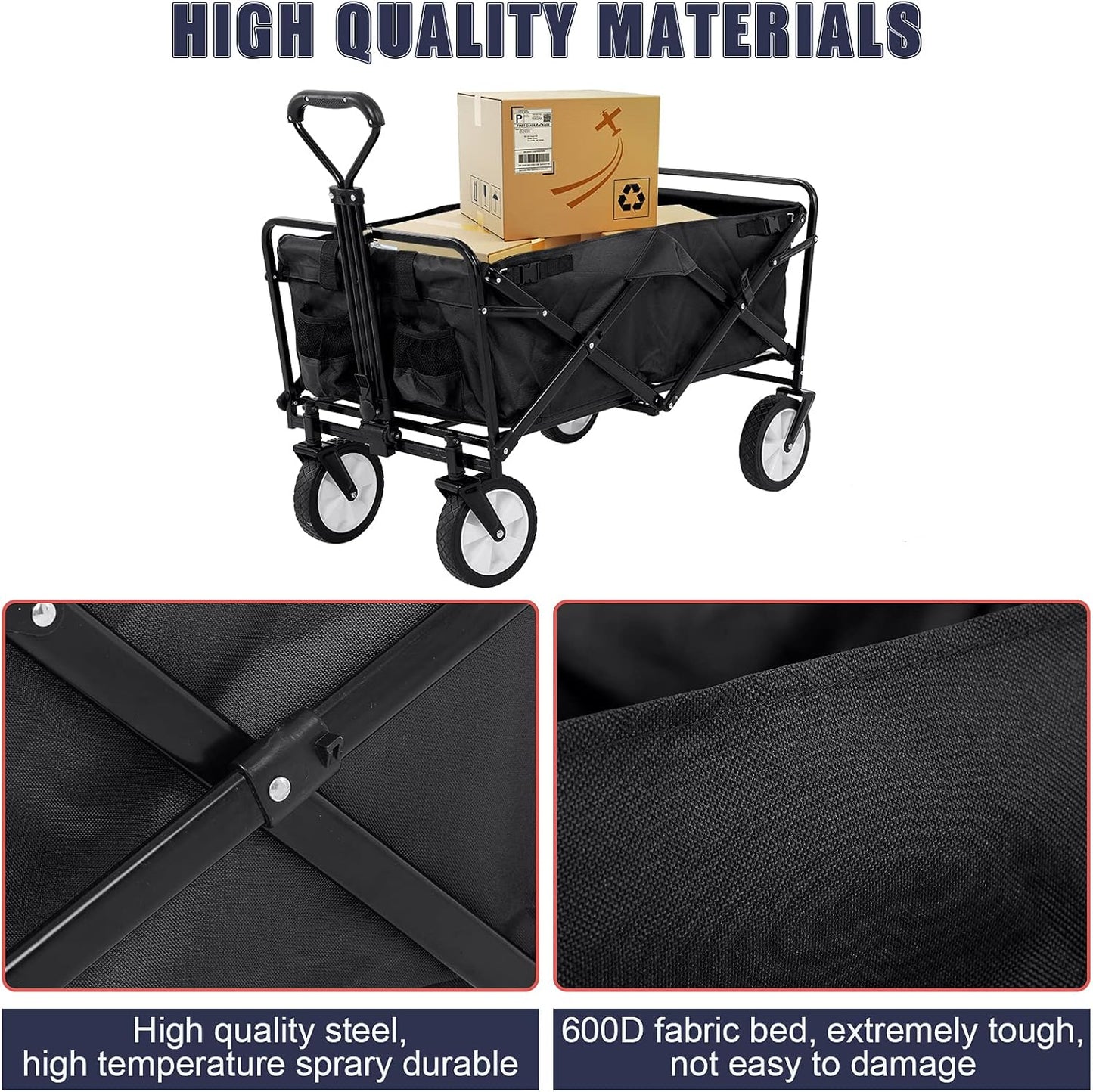 360 Collapsible Wagon Foldable Heavy Duty Steel Utility Outdoor Beach with Big Wheels for Sand, Garden Cart Grocery