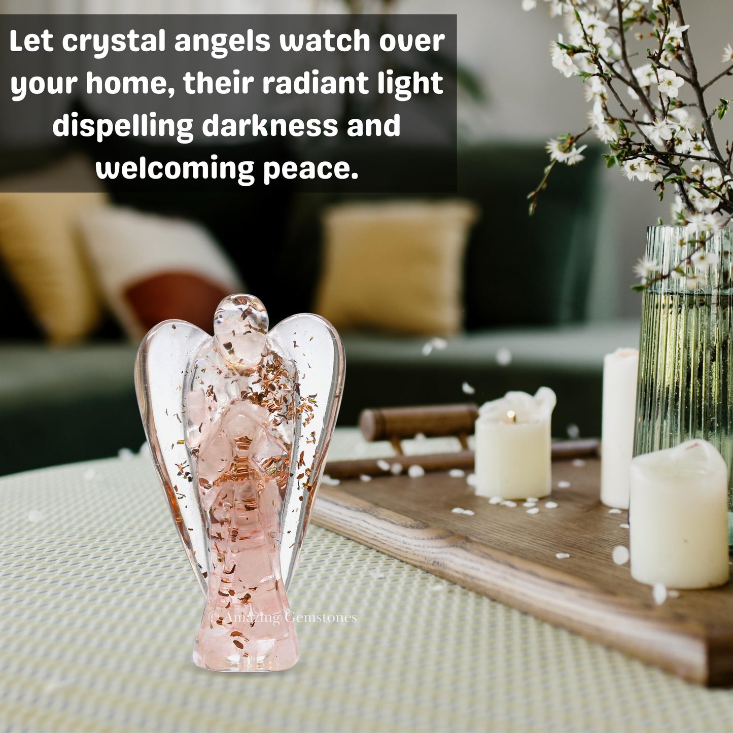 Amazing Gemstone Rose Quartz Guardian Angel Figurine Pocket Crystal Angel for Protection - Orgone Guardian Angel with Orgonite Layer and Natural Crystal for Healing Gift (2 Inch, Organite)