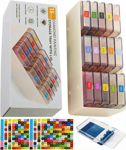15 Pcs Diamond Art Storage Containers,Diamond Painting Sliding Trays ,Stackable Diamond Trays , 2-in-1 Art Carft Storage Box Set Line-Up for Diamond Accessories ,Bead and Jewelry (Transparent/15Pcs)