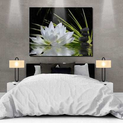 Canvas Wall Art - White Lotus and Black Zen Stones Picture, Modern Wall Decor, 12" x 16"