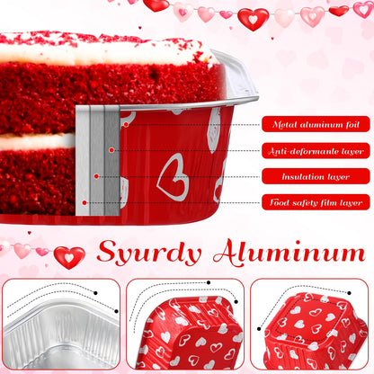 Jingmore 100 Pcs Heart Square Baking Pans with Lids 10oz Aluminum Foil Disposable Cupcake Cake Pans Baking Cups Individual Tin Dessert Containers for Wedding Birthday Party(Heart,Red)