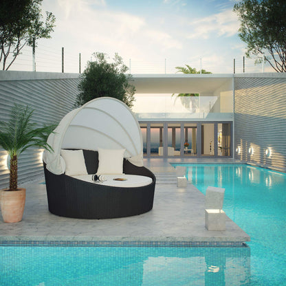 Ergode Siesta Outdoor Wicker Patio Canopy Bed | Ultimate Relaxation | All-Weather Cushion | Retractable Sun Guard | Modern Design | Includes 3 Throw Pillows
