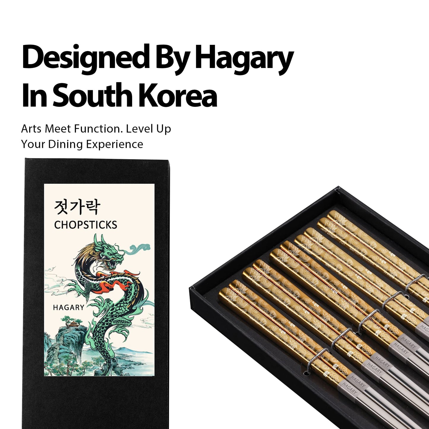 Hagary Dragon Chopsticks Metal Reusable Designed In Korea Japanese Style Stainless Steel 316 18/10 Non-Slip Dishwasher Safe Laser Etched (Gold - 5 Pairs)