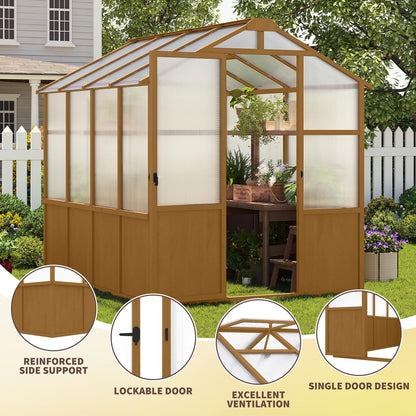 6x8 FT Outdoor Wood Greenhouse, Heavy Duty Solid Pine Wooden Walk-in Green House with 6MM Thick Polycarbonate Panels, Adjustable Roof Vent and Lockable Door, Garden House for Backyard Patio Lawn