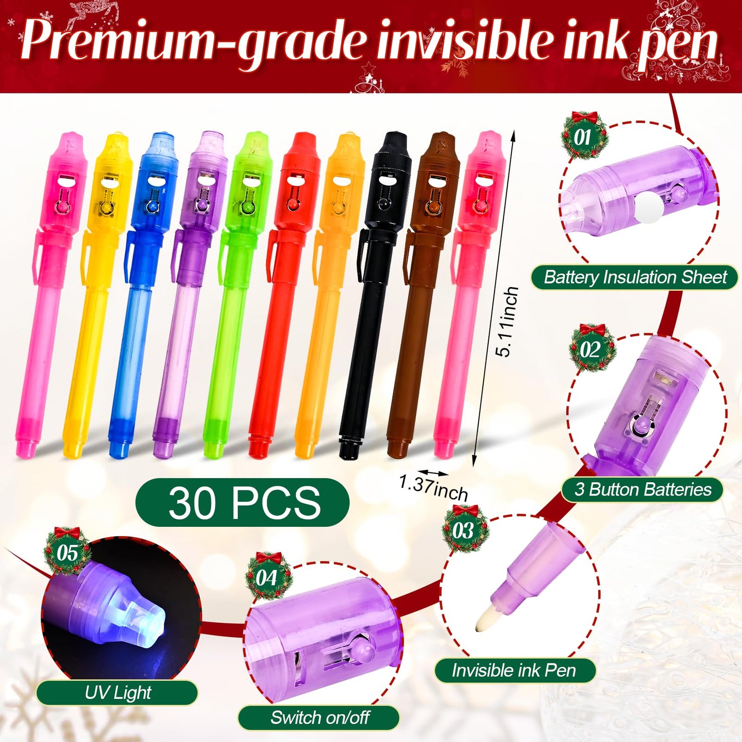 30 Pack Invisible Ink Pens with UV Light, Magic Spy Pen for Secret Messages, Birthday Party Favors Easter Egg Hunt Halloween Goodie Bags Stocking Stuffers Valentine's Day Gifts for Kids Ages 3+