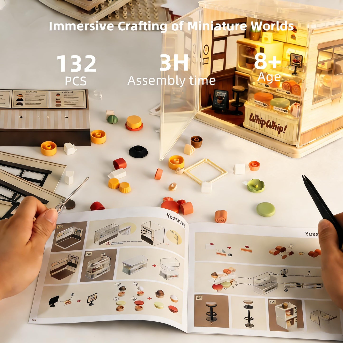 Lydaz DIY Miniature House Kit, Mini House Building Kit for Adults, Tiny House Kit with Furniture, Miniature Dollhouse Kits with Dust Cover, Craft LED Decor Birthday Gifts for Family Her(Dessert House)