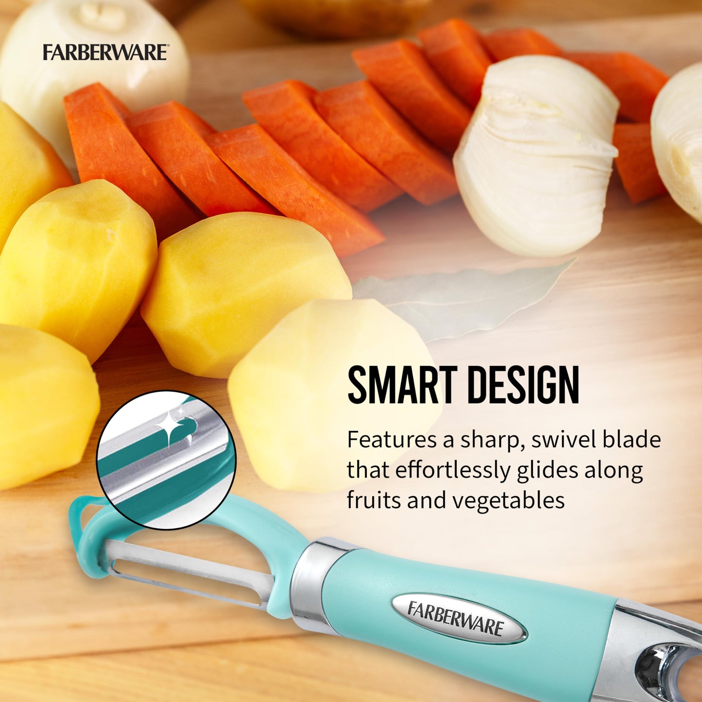 Farberware Pro2 Euro Vegetable Peeler with Ergonomic Handle, Razor-Sharp Stainless Steel Swivel Blade, Dishwasher Safe - Aqua Sky, Peelers for Kitchen Use on Potatoes, Fruits, and More