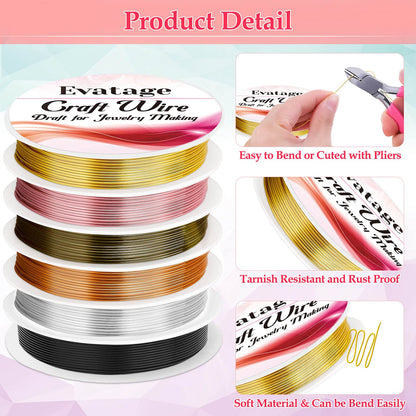 20 Gauge Jewelry Wire for Jewelry Making, Evatage 6 Rolls Craft Wire Tarnish Resistant Copper Beading Wire for Jewelry Making Supplies and Crafts