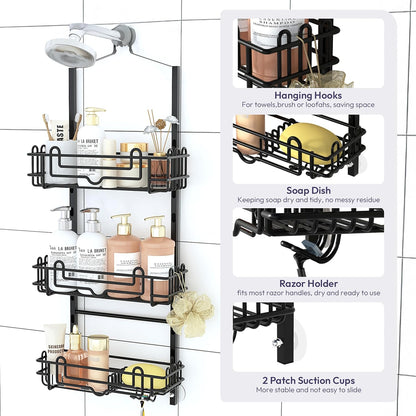 SWTYMIKI Shower Caddy - 3-Tier Rustproof Organizer with Adjustable Baskets & Hooks | No Drill, Black