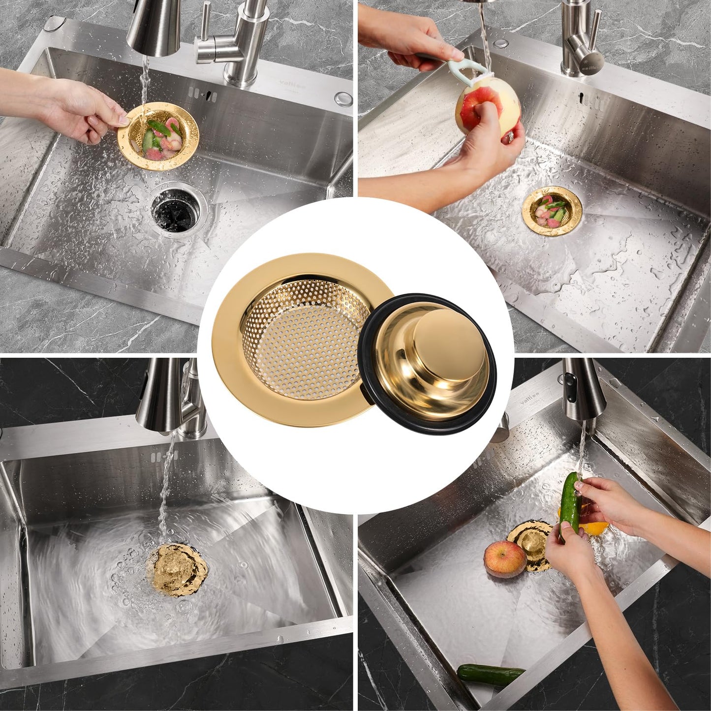 RQYEKDO Kitchen Sink Strainers Sink Stopper Kits, Stainless Steel Sink Drain Strainer Set, Large Wide Rim 4.4" Diameter Food Catcher Garbage Disposal Plug for Most Sink Drains Basket Filter (Gold)