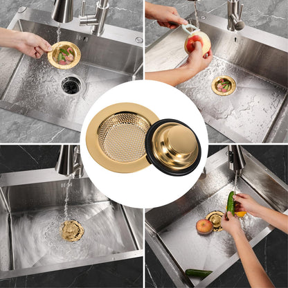 RQYEKDO Kitchen Sink Strainers Sink Stopper Kits, Stainless Steel Sink Drain Strainer Set, Large Wide Rim 4.4" Diameter Food Catcher Garbage Disposal Plug for Most Sink Drains Basket Filter (Gold)