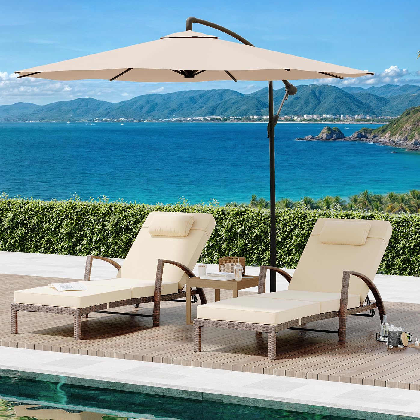 GarveeLife 2-Piece Rattan Patio Folding Chaise Lounge, 5-Position Adjustable Backrest Outdoor Lounge Chair with Cushion and Pillow for Poolside, Backyard, Deck, Porch, Beige