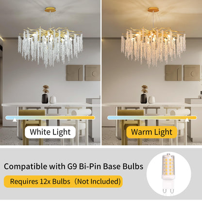 Puvaue Crystal Tree Branches Chandeliers Luxury Round Raindrop Pendant Light Fixture Ceiling Hanging Light for Dining Room Bedroom Living Room Entryway D31.5“ Gold