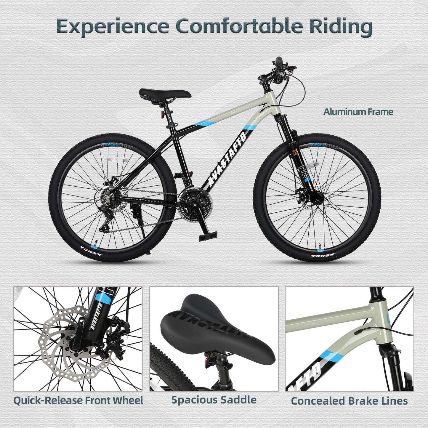 AVASTA 27.5-inch Mountain Bike for Man Male and Woman Female Adult with Lightweight Aluminum Alloy Frame and Dual Disc Brakes,Front Suspension,21-Speed Gear Shifters,Hidden Brake Cables,Grey