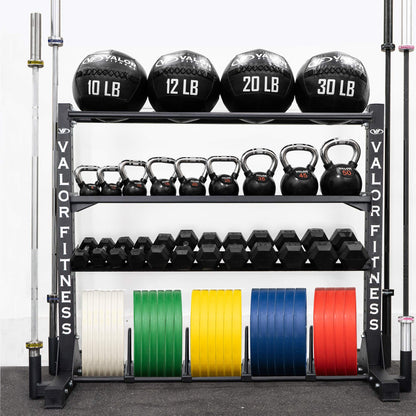 Valor Fitness Heavy Duty 4-Tier Gym Equipment Storage Rack – Organize Kettlebells, Dumbbells, Medicine Balls, Bumper Plates & 4 Barbells, 1200 lb Capacity for Home Gym Sports Equipment Organizer
