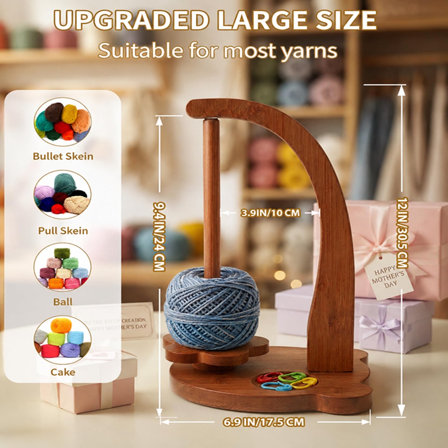 Blingcute Wooden Yarn Holder for Crochet and Knitting, 360° Rotating Bear-Shaped Yarn Stand, Anti-Tangle with Flower Base, Marker Tray, Anti-Slip Pads, Crochet Accessories Gift for Women