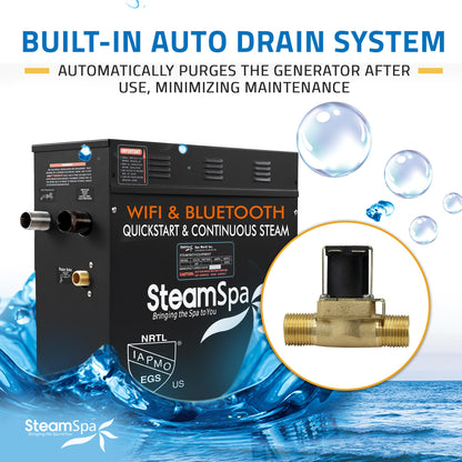 SteamSpa Steam System 9kW Steam Shower Generator with Bluetooth Wifi, Quickstart Continous Steam, Advanced Touch Pad Screen, Chroma Lights, Drain Pan and Auto Drain Chrome RVBS900CH-A