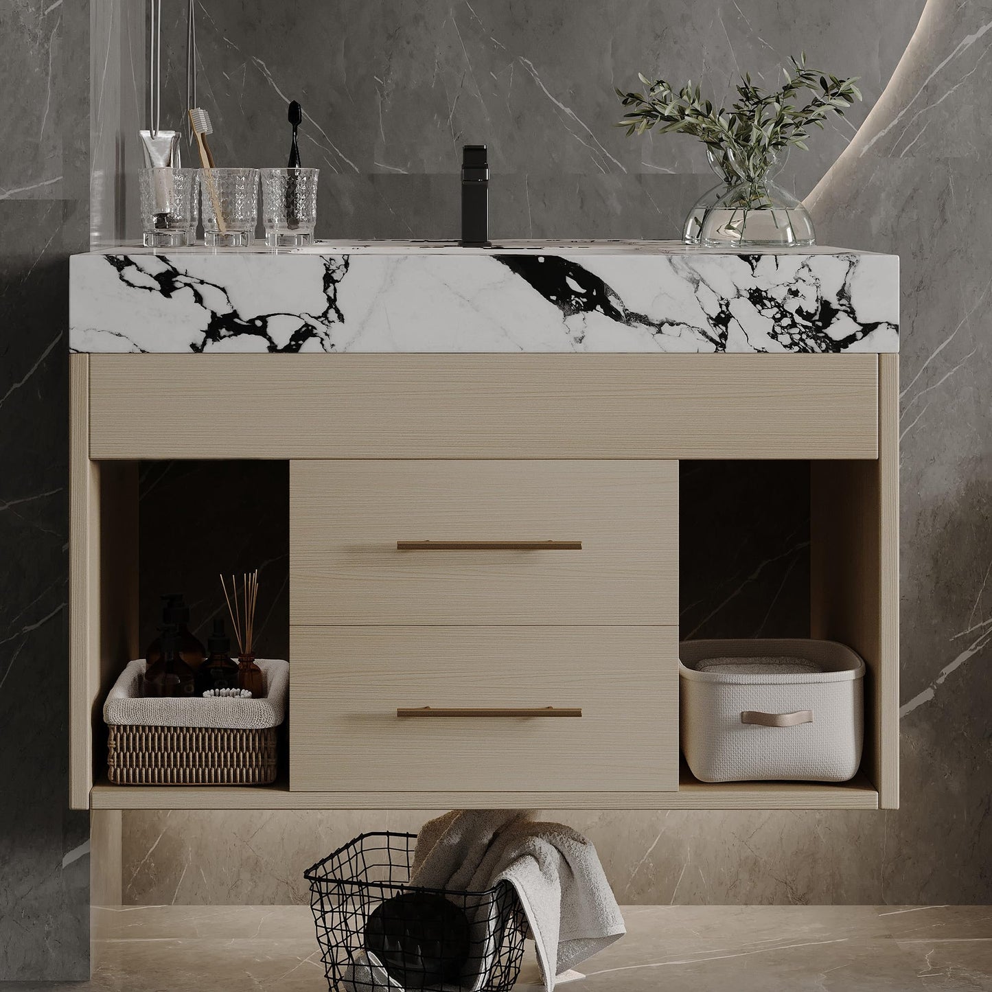 KEIKI 29.9" Bathroom Vanity with Undermount Sink Combo, Modern Floating Vanity Cabinet with 2 Drawers & Open Side Shelves, Storage Wall Mounted Cabinet for Small Space, Apricot‌ Marbe