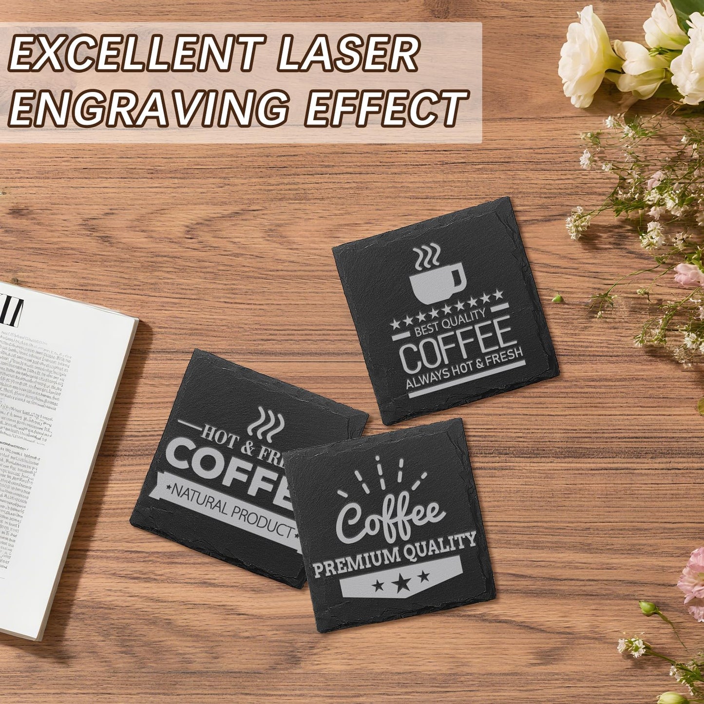 60 PCS Slate Coasters Black Square 4 Inch Bulk Rock, Blank Laser Engraving, Scratch Resistant Bottom, Home Office Kitchen Gift Wedding Bar Party Square Coasters