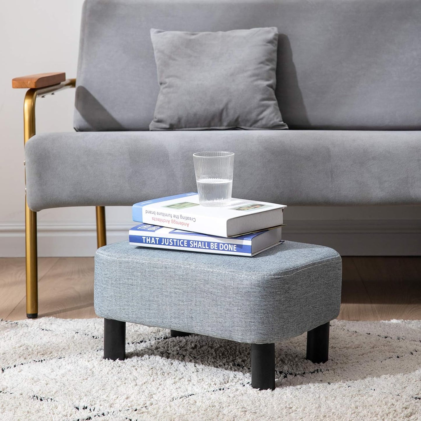 16.54" RF-BD214-D IBUYKE Small Footstool Linen Fabric Pouf Ottoman Footrest Modern Home Bedroom Rectangular Stool