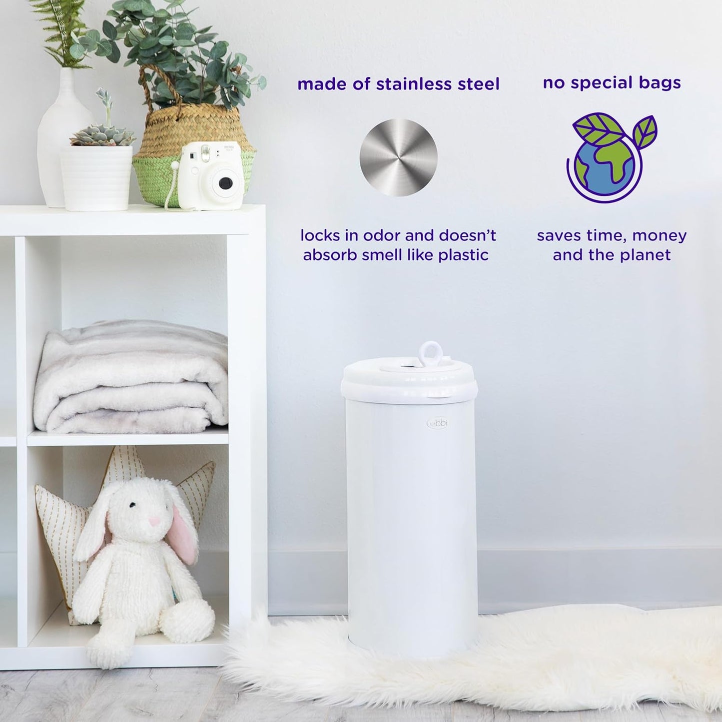 Ubbi Stainless Steel Diaper Pail - Odor Locking Design, No Special Bags Needed | Award-Winning Essential