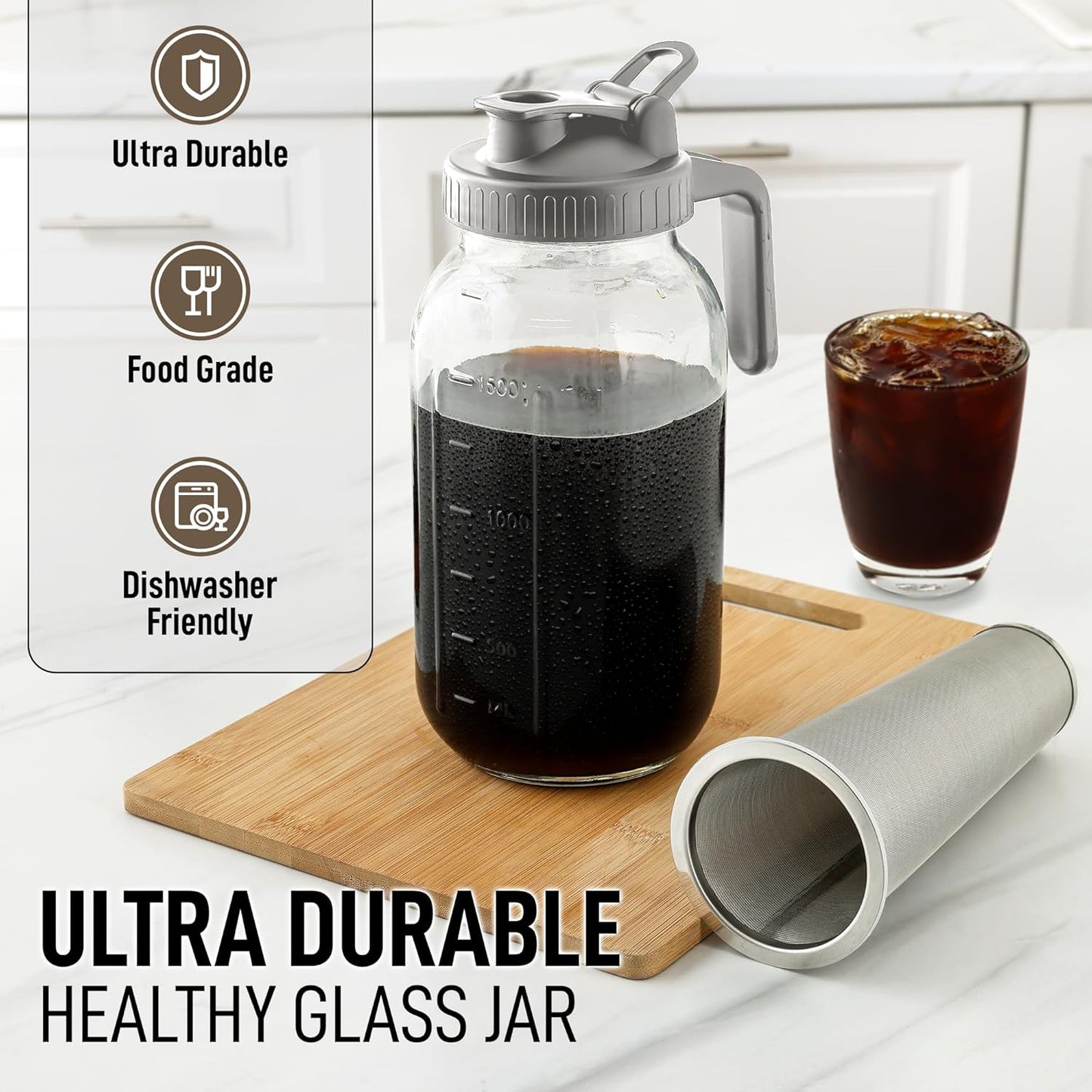 Zulay Premium Cold Brew Coffee Maker, 64oz Mason Jar Pitcher with Extra-Thick Glass & Stainless Steel Filter
