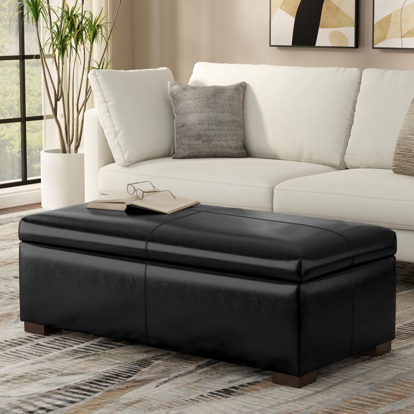 SIMPLIHOME Gabbie Storage Ottoman - 48 inch Wide Upholstered Vegan Leather Rectangle Storage Ottoman Bench in Midnight Black, Contemporary Ottoman for Living Room with Lift-Up Lid