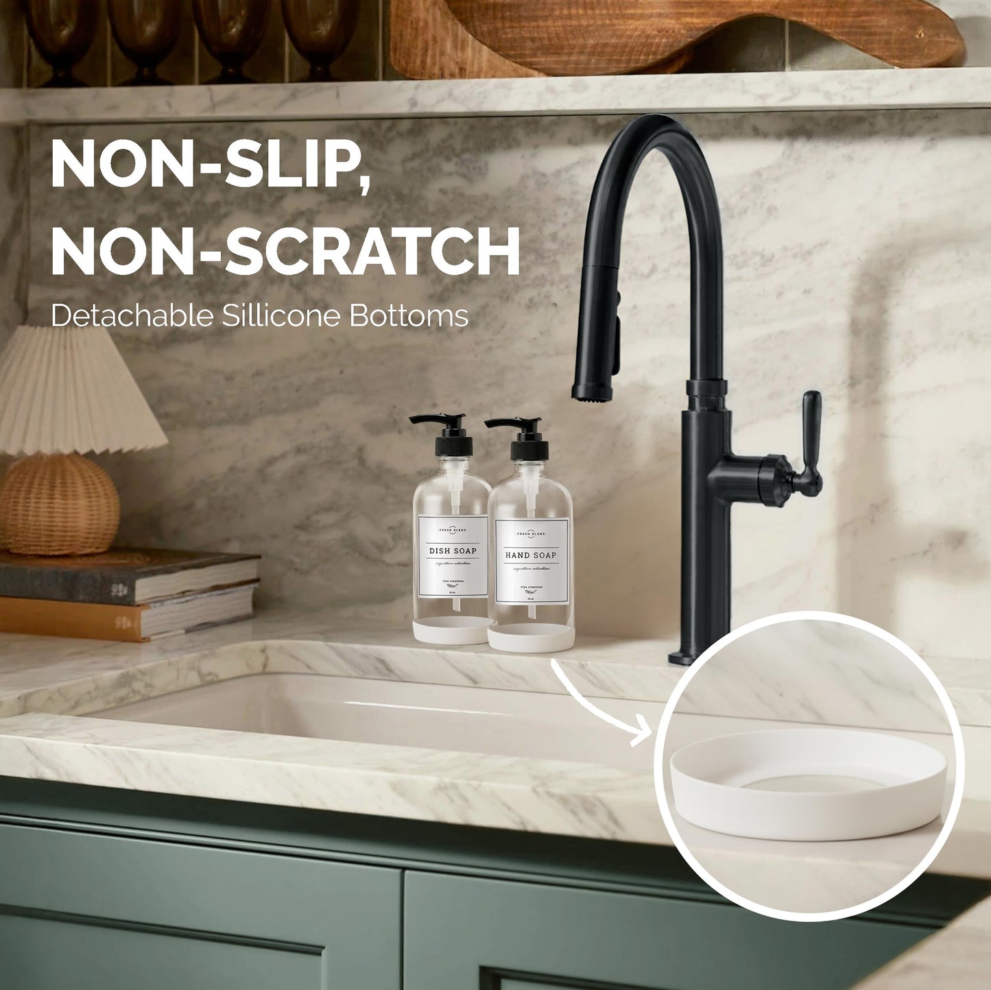 Vine Creations Clear Glass Soap Dispenser, 2 Pack Kitchen Soap Dispenser Set with Rustproof Pump, 16 oz Dish Soap and Hand Soap Dispensers for Bathroom with Waterproof Labels