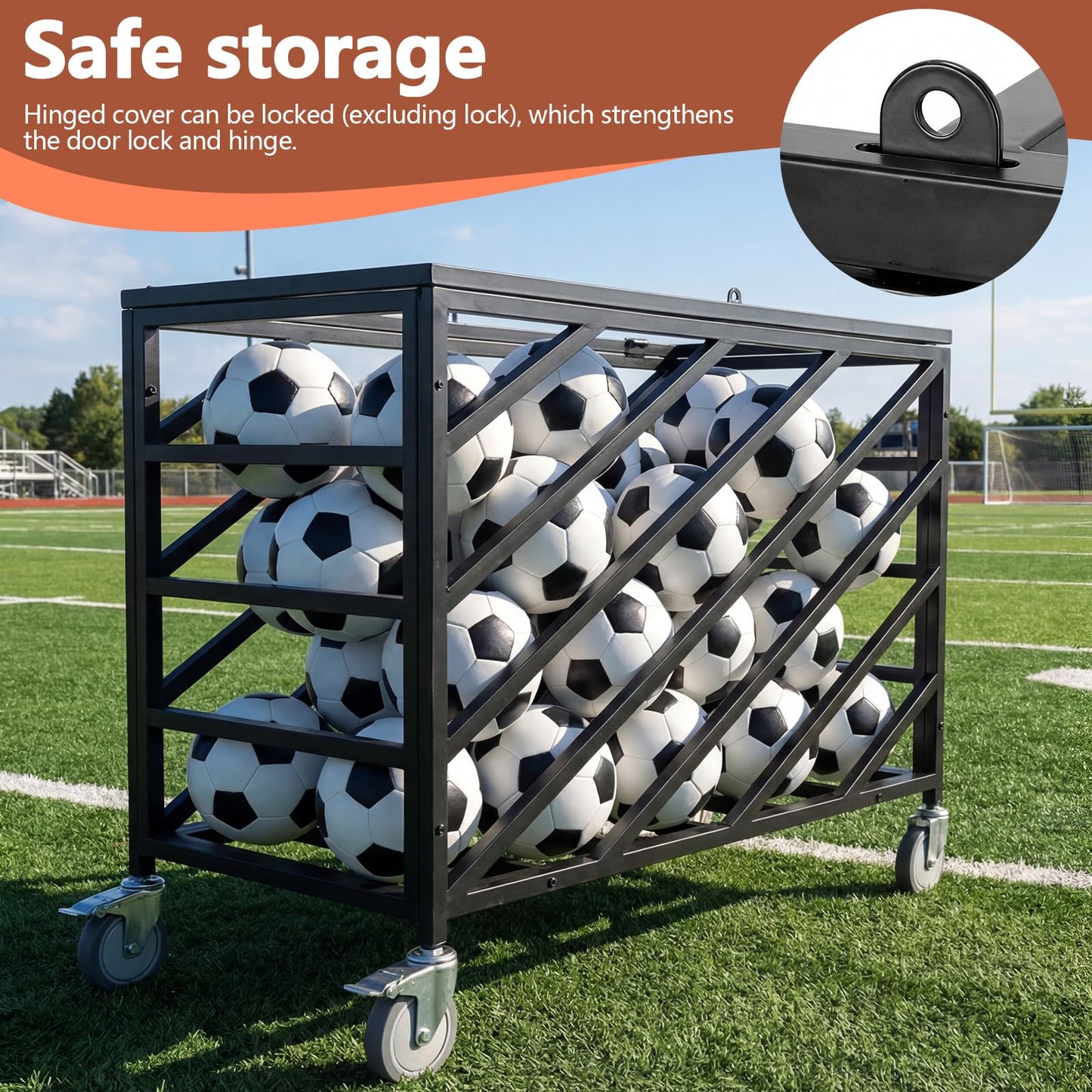 Ball Cart with Wheels Rolling Basketball Rack with Lockable Lid Balls Storage Locker for Volleyball Gym Recess Soccer Playground