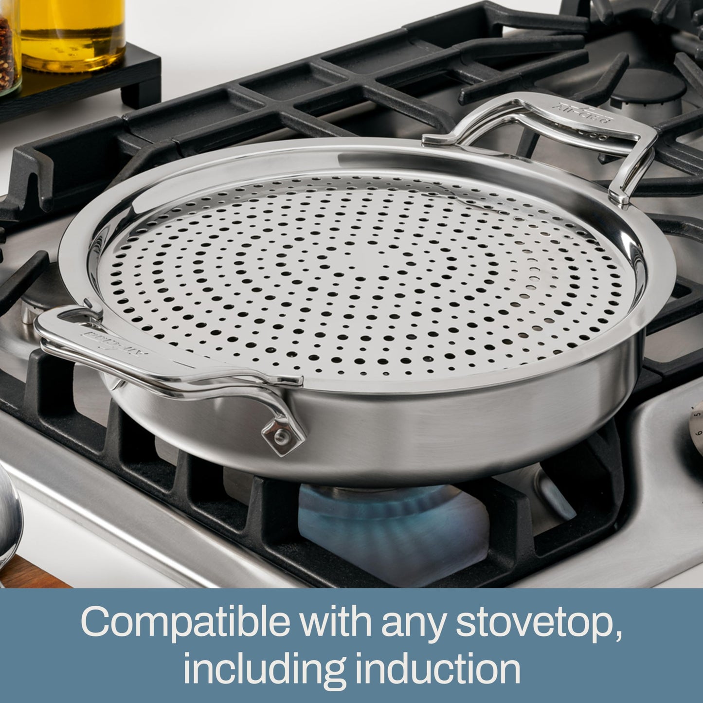 All-Clad Accessory, Stainless Steel Strain & Splatter Guard, 10.5-Inch, Easy, Mess-Free Straining, Multifunctional Design, Pots and Pans, Cookware, Kitchen Gadgets, Cooking Tools, Silver