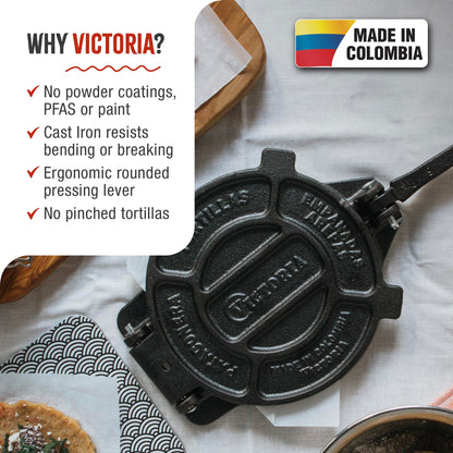 Victoria 8 Inches Cast Iron Tortilla Press, Roti Maker and Tortilladora, Pataconera Seasoned with Flaxseed Oil, Made in Colombia, Traditional Style, Black
