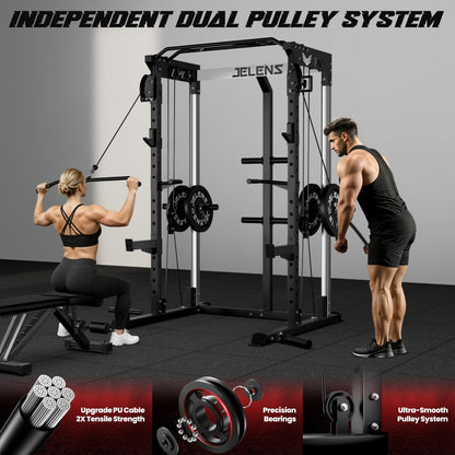 JELENS C21 Power Cage, 2000LBS Multi-Function Power Rack with Independent Dual Pulley System, All-in-One Squat Rack for Cable Crossover, Home Gym Workout Machine (Black, C21 Power Cage)