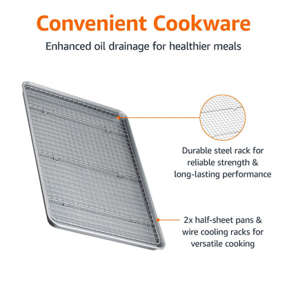 Amazon Basics Ceramic Nonstick Baking Sheets & Cooling Rack Set, Dishwasher Safe, Oven Safe, Half Sheet Size, Gray, 2-Pack