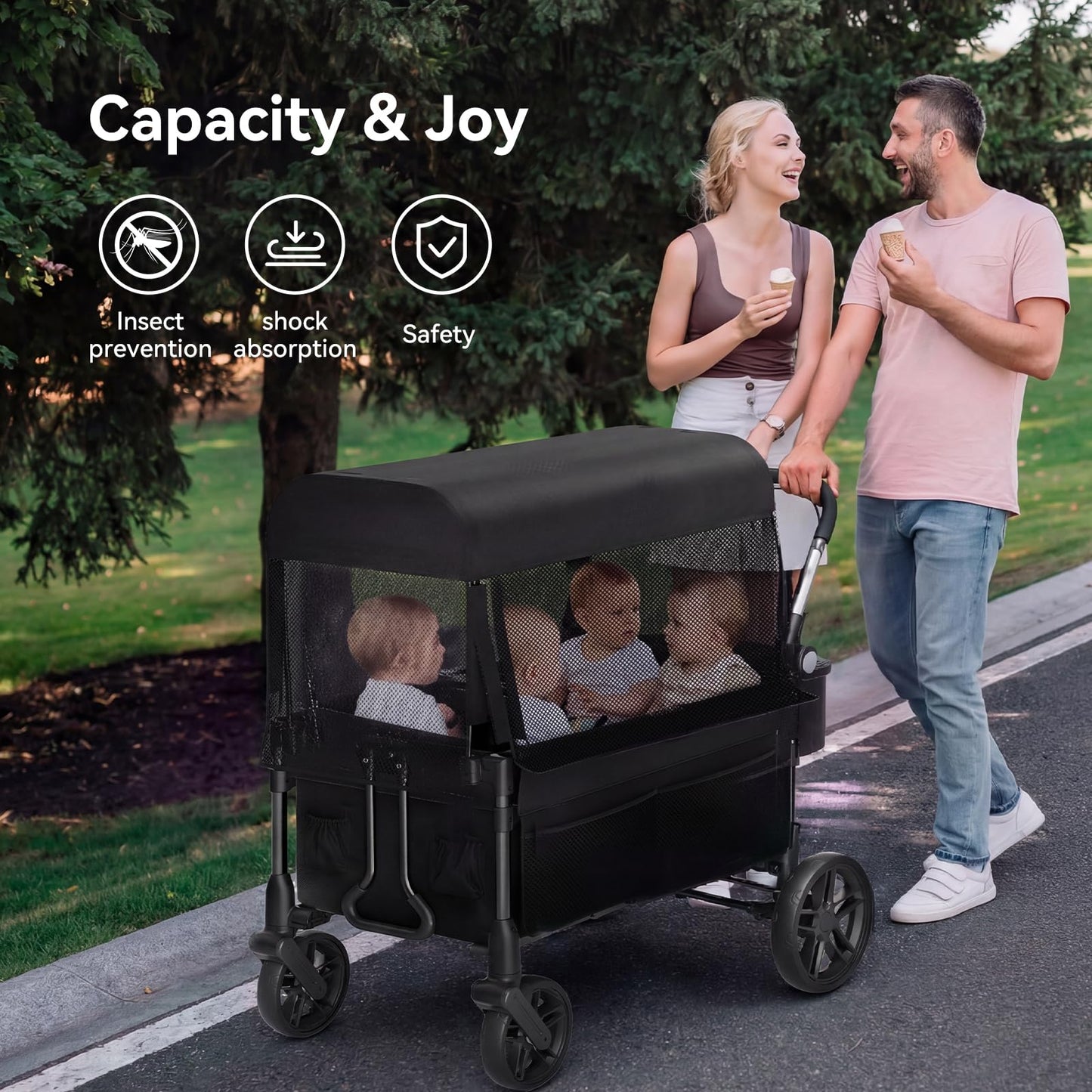 Fldofaves Wagon Stroller for Kids, 4-Seat Kid Wagon for Toddlers, Multi-Child Baby Wagon Stroller, Heavy-Duty Kids Wagon with Canopy, Large Foldable Toddler Stroller Wagon for Outdoor Travel