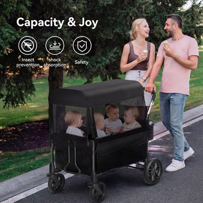 Fldofaves Wagon Stroller for Kids, 4-Seat Kid Wagon for Toddlers, Multi-Child Baby Wagon Stroller, Heavy-Duty Kids Wagon with Canopy, Large Foldable Toddler Stroller Wagon for Outdoor Travel