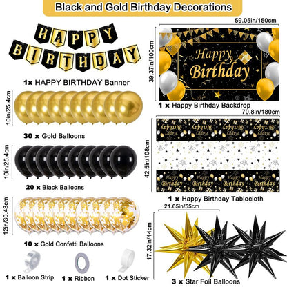 Black and Gold Birthday Decorations for Men Women, Black Gold Party Decorations Kit with Happy Birthday Banner Backdrop Tablecloth Foil Curtains Balloons Arch, Happy Bday Party Supplies for Him