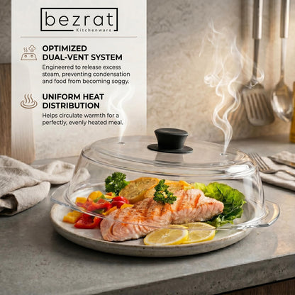 Bezrat Microwave Tall Glass Plate Cover | Splatter Guard Lid with Easy Grip Silicone Handle Knob | 100% Food Grade | BPA Free and Dishwasher Safe | 10 Inch (Black-)