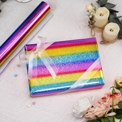 Merture 17 In X 33 Ft (46.5 sq.ft.) Rainbow Holographic Wrapping Paper Roll, Striped Glitter Gift Wrap for Disco Party, Wedding, Birthday, Christmas, Bridal Shower, Graduation