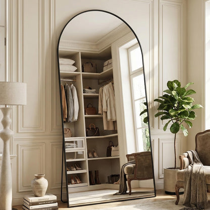 Suidia 88"x44" Arched Full Length Mirror with Stand, Full Body Mirror with Aluminum Frame, Freestanding/Leaning/Wall-Mounted, Floor Mirrors for Bedroom, Living Room, Entryway, Dressing Room, Black